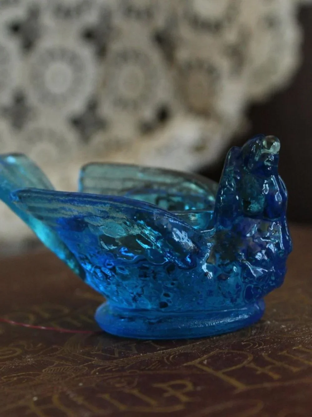 Vintage 1960s Salt Cellar, Kanawha Bermuda Blue Glass Bird with Berry